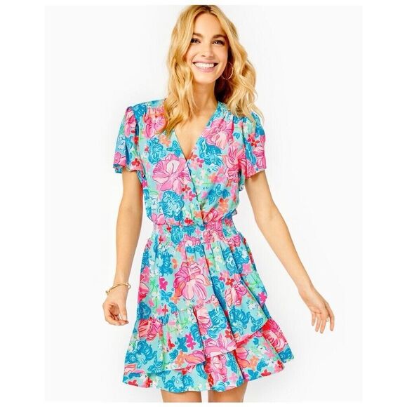 NWT Lilly Pulitzer Maryanne Flutter Sleeve Dress Size 0 Surf Blue Luscious Lions - Picture 2 of 11